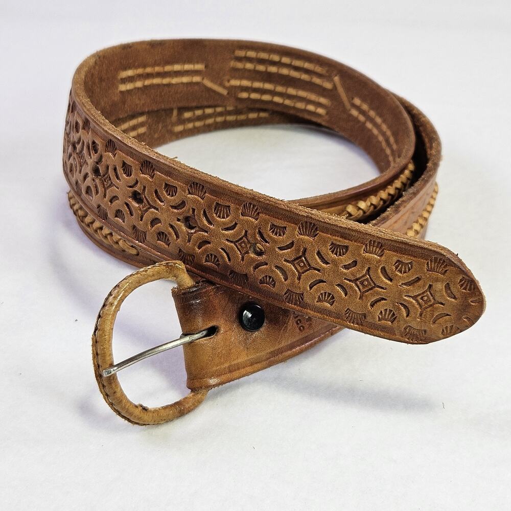 Vintage Tooled Leather Western Belt Mens 42 Boho Southwestern Removable Buckle